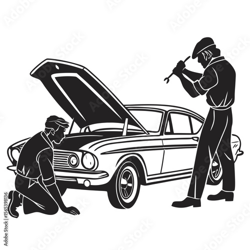 Black and White Car Repair Illustration