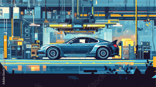 Modern Car Production Assembly Line Flat Vector Illustration