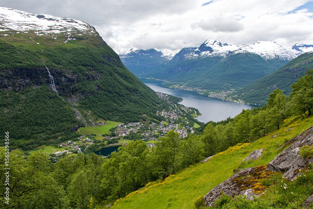 Naklejka premium Fjord with steep cliffs and cascading waterfalls in scenic landscape