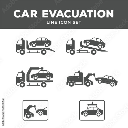 Car Evacuation Line Icon Set – Tow Truck, Breakdown, Emergency, Vehicle, Roadside, Rescue, Minimal Vector Collection