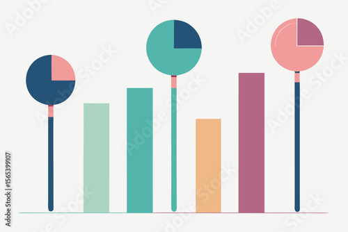 Abstract colorful pie chart and bar graph visualization for business and financial data representation