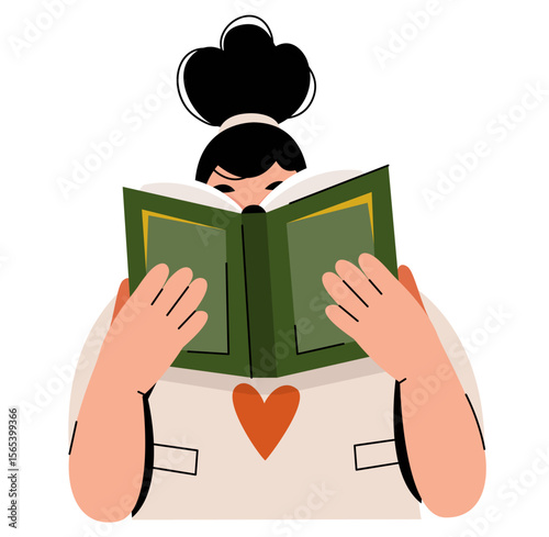 Woman with a bun hairstyle reading a green book. Simple vector illustration showing focus, learning, and love for reading. Clean design with warm colors and a heart symbol on clothing.