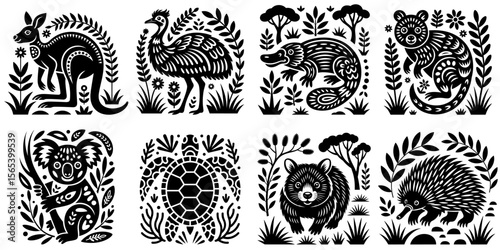 Australian animal illustrations in folk art style. Set of stylized black and white silhouettes including kangaroo, emu, platypus, quokka, koala, sea turtle, wombat, echidna