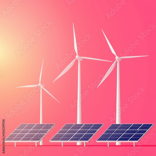 ESG, Environment and Investment Renewable energy sources: wind turbines and solar panels on a pink background.