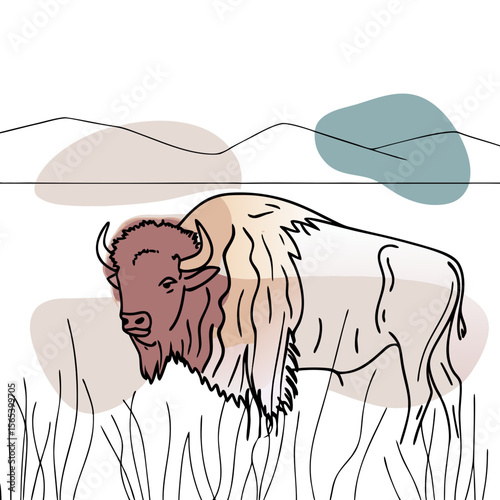 Bison standing in grass against mountains on transparent background