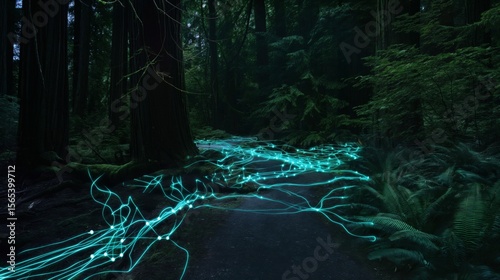 Illuminated Path: A mystical glow guides the way through a lush forest.