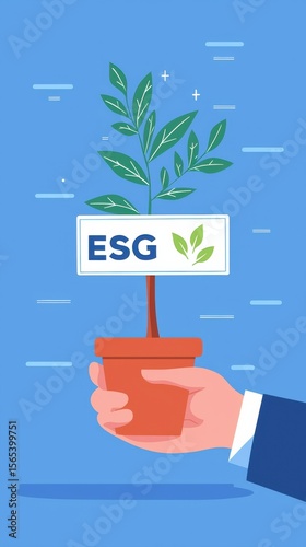 ESG, Environment and Investment Hand holding a plant with an ESG label in a colorful illustration.
