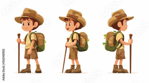 Adventurous Cartoon Boy in Safari Outfit with Walking Stick