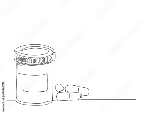 Medicine bottle outline illustration. Continuous line drawing of vitamin bottle.