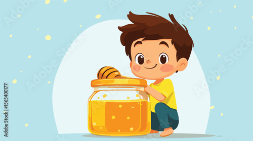 Cute Cartoon Boy Sitting on Glass Honey Jar Flat Vector Illustration