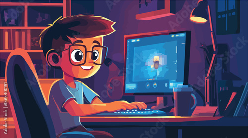 Young Cartoon Boy Engaged in Fantasy Cyber Game Learning Experience