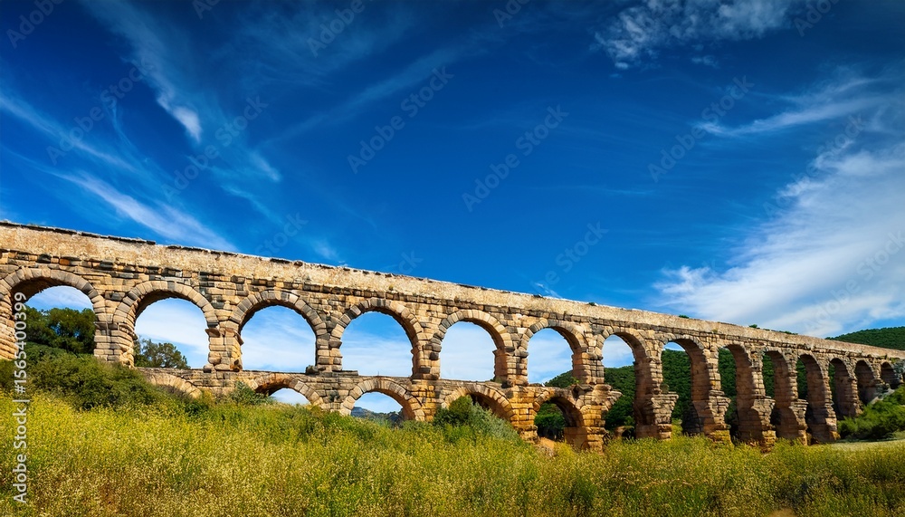 Obraz premium ancient stone aqueduct with arches against a vibrant blue sky in a natural landscape