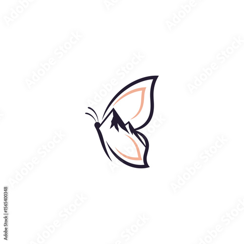 Illustration of a butterfly with mountain peaks on wings and text below on a white background