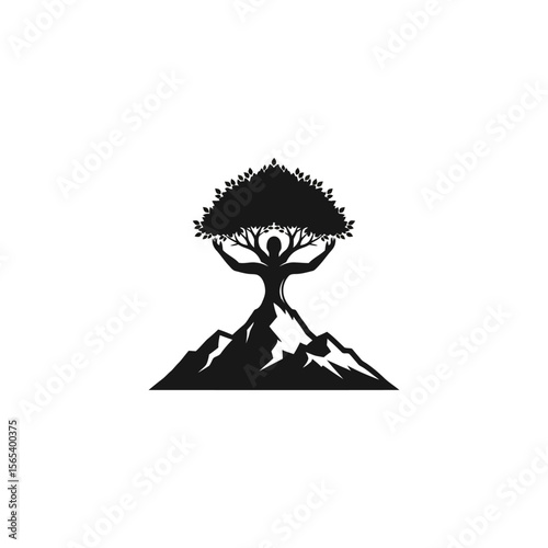 Silhouette of a person transforming into a tree on a mountain for wellness clinic logo design