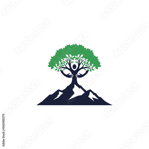 A wellness clinic logo featuring a tree with human arms on a mountain against a white background