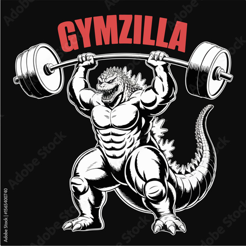 Muscular godzilla monster lifting heavy barbell in gym