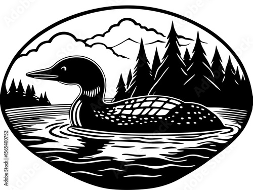 Elegant Loon Bird Illustration Black and White Nature Artwork