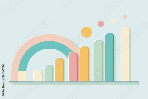 Abstract pastel color bar chart illustrating growth and development with geometric shapes and rainbow