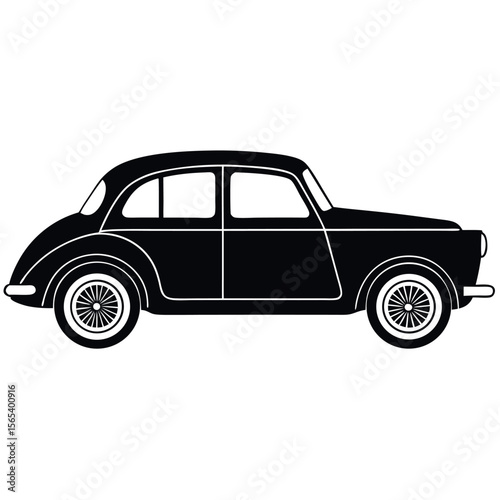 Classic black silhouette of a vintage car isolated on white background