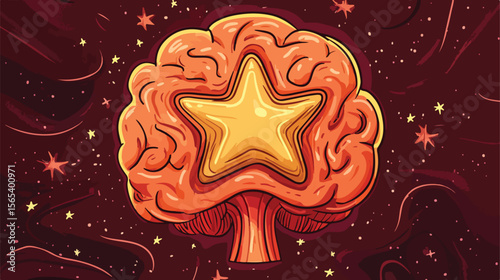 Creative Cartoon Brain with Star Flat Vector Illustration