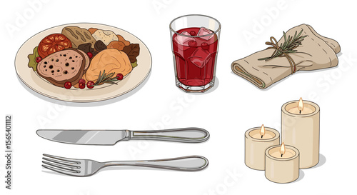 Still life of a plate with food, a glass of red liquid, a napkin, cutlery, and candles set for dinner