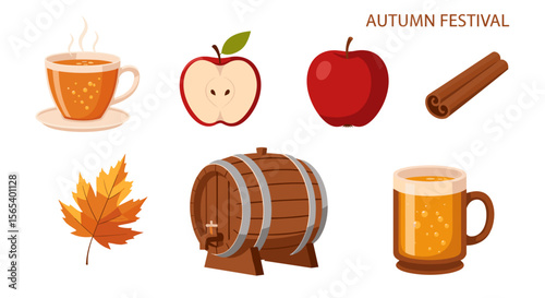 Illustration of autumn festival elements including apple cider, apples, and a wooden barrel design art