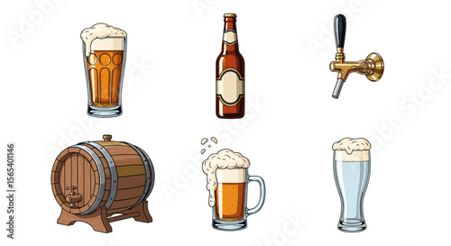 Illustration of beer glasses bottle tap and barrel showing different ways to serve and store beer product