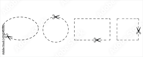Scissors Cutting Dashed Shapes – Oval and Rectangle Coupon Vector Illustration