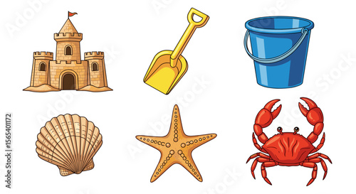Illustration of sandcastle, shovel, bucket, seashell, starfish, and crab on a white background