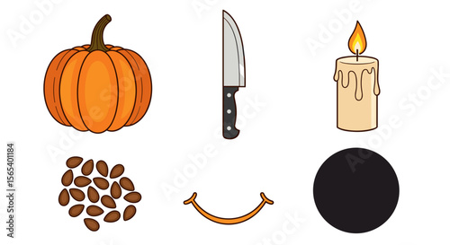 Illustration of a pumpkin, knife, candle, seeds, smile and dark oval for halloween crafting ideas