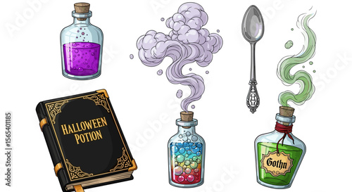 Illustration of halloween potion book with bottles of potions and spoon with smoke effect design style