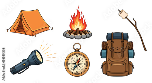 Illustration showcasing camping essentials including a tent campfire compass and other equipment items