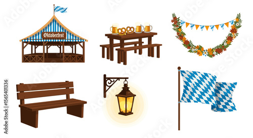 Illustration of oktoberfest themed elements including a tent table and benches and decorations