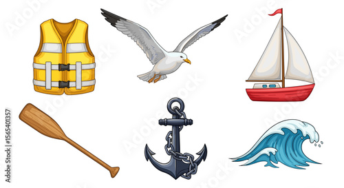 Illustration of nautical themed items including a life vest seagull sailboat and other related objects