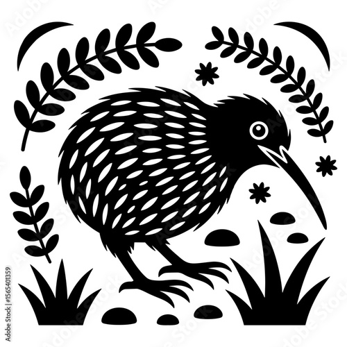Kiwi bird surrounded by leaves and grass, national symbol of New Zealand, silhouette vector illustration perfect for nature, wildlife and educational designs
