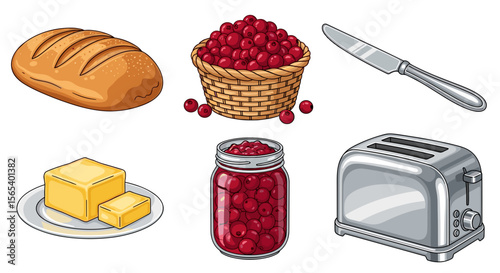 Still life of bread butter jam cranberries knife and toaster arranged on a white background view