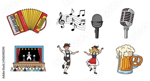A collection of oktoberfest themed items including music, dancing, beer and a stage performance scene