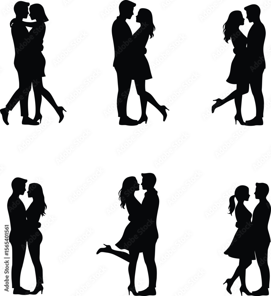 Obraz premium Romantic Couple Silhouette Set – Love Poses for Valentine & Wedding Designs.