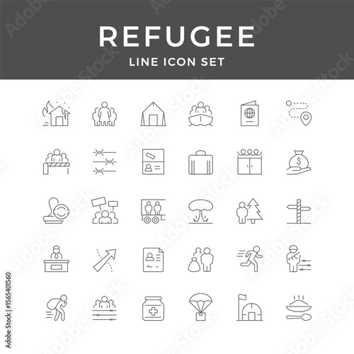 Refugee Line Icon Set – Migration, Asylum, Camp, Border, Aid, Crisis, Passport, Minimal Vector Collection