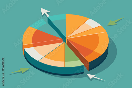 Colorful 3d pie chart illustration with arrows indicating data analysis and business growth potential