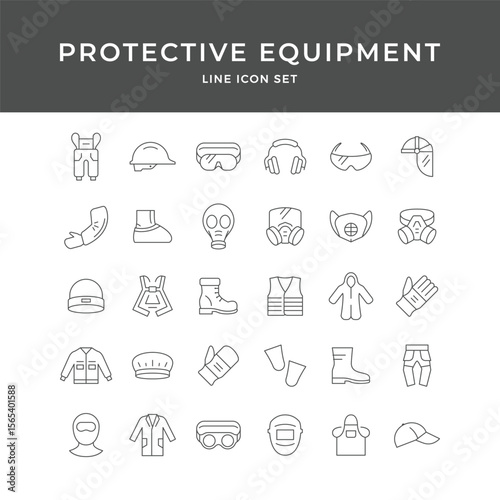 Protective Equipment Line Icon Set – Safety, PPE, Helmet, Mask, Gloves, Boots, Workwear, Minimal Vector Collection