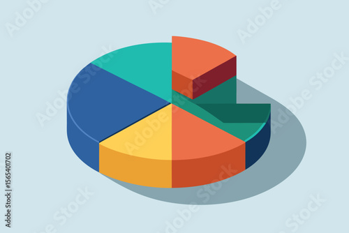 Colorful 3d pie chart representing data analysis and business statistics on a light blue background