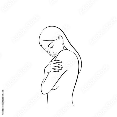 Shy Woman Hugging Herself in a Minimalist Style