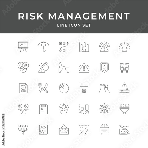 Risk Management Line Icon Set – Safety, Analysis, Strategy, Insurance, Chart, Warning, Business, Minimal Vector Collection