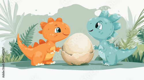 Adorable Cartoon Dinosaur Baby Hatching from Egg in Flat Vector Illustration