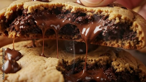 A close up of a chocolate chip cookie with melted chocolate oozing out of the center portion of it