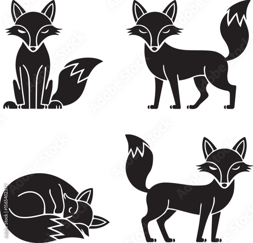 Diverse Set of Fox Silhouettes and Outlined Illustrations