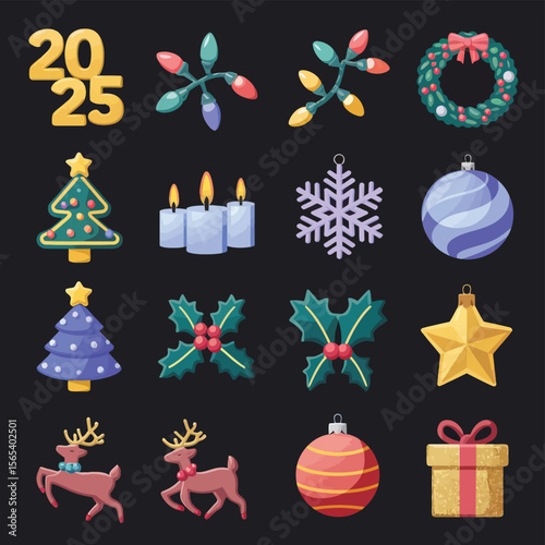 vector Happy New Year Celebrating 2025 in Latin letters , Christmas Decoration Items Santa Claus
