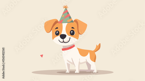 Cheerful Cartoon Dog Wearing Party Hat Flat Vector Illustration