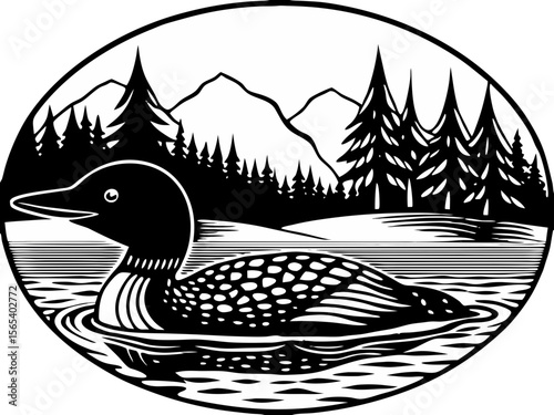 Majestic Loon on Mountain Lake Black and White Illustration